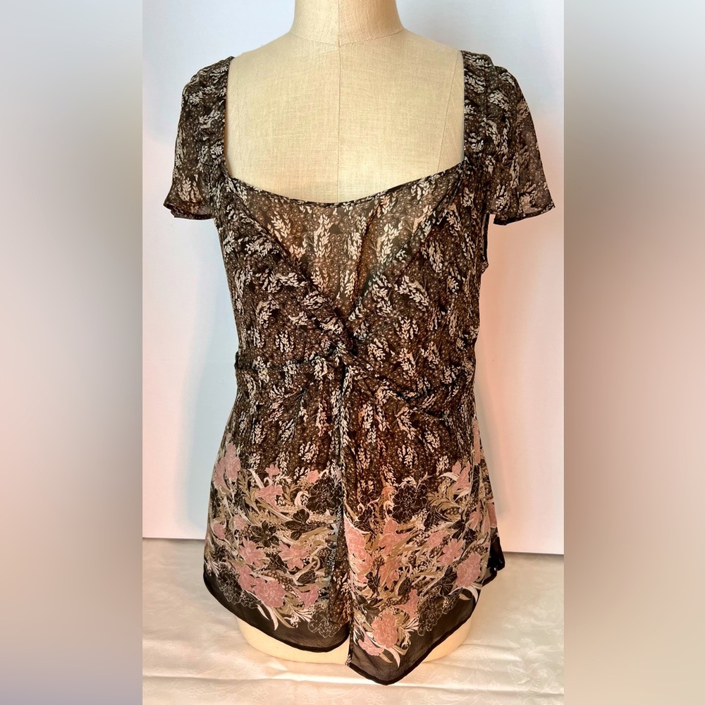 Ann Taylor Silk Top w Side Zipper in Neutral Tones of Brown Rose & Cream